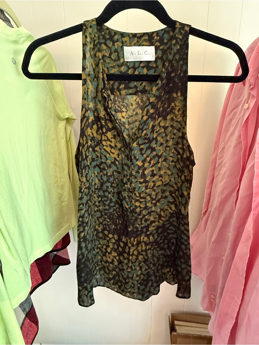 A.L.C. Olive Multi Sleeveless Print Silk Top